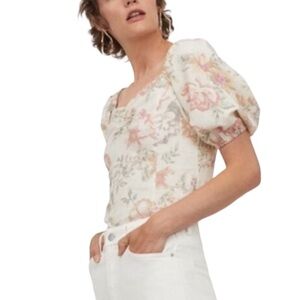 H&M Linen Blend Floral Puff Sleeve Top